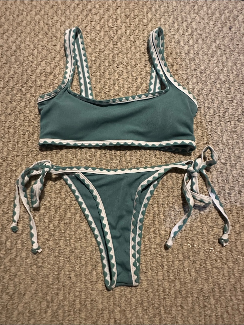 Dark Teal Green Two-Piece Tie-Side Bikini with White Trim